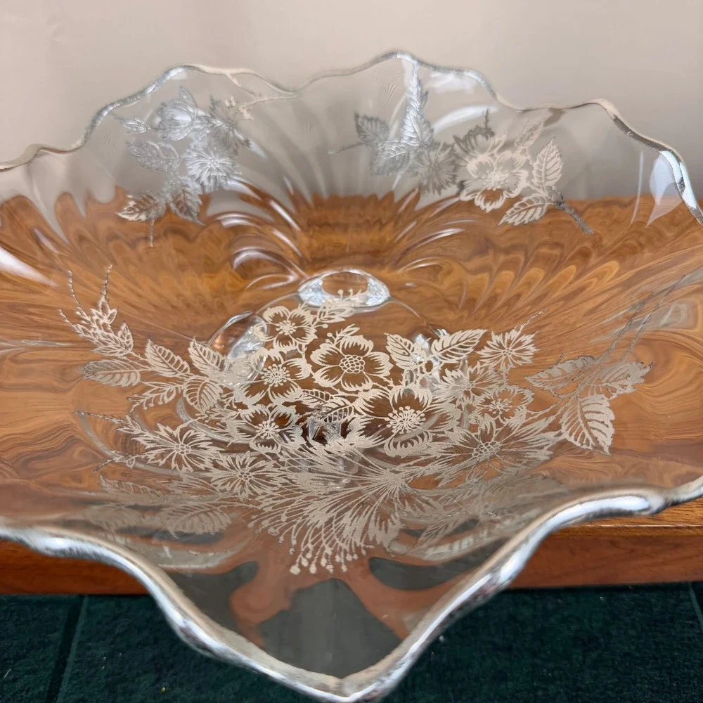 Vintage Silver Overlay Glass Footed Bowl Scalloped Floral Centerpiece 11 Inch
